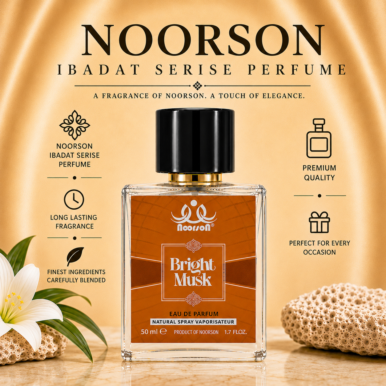 Noorson Bright Musk Ibadat Series Natural Spray Vaporisateur  Eau de Parefum 50ml for Men and Women