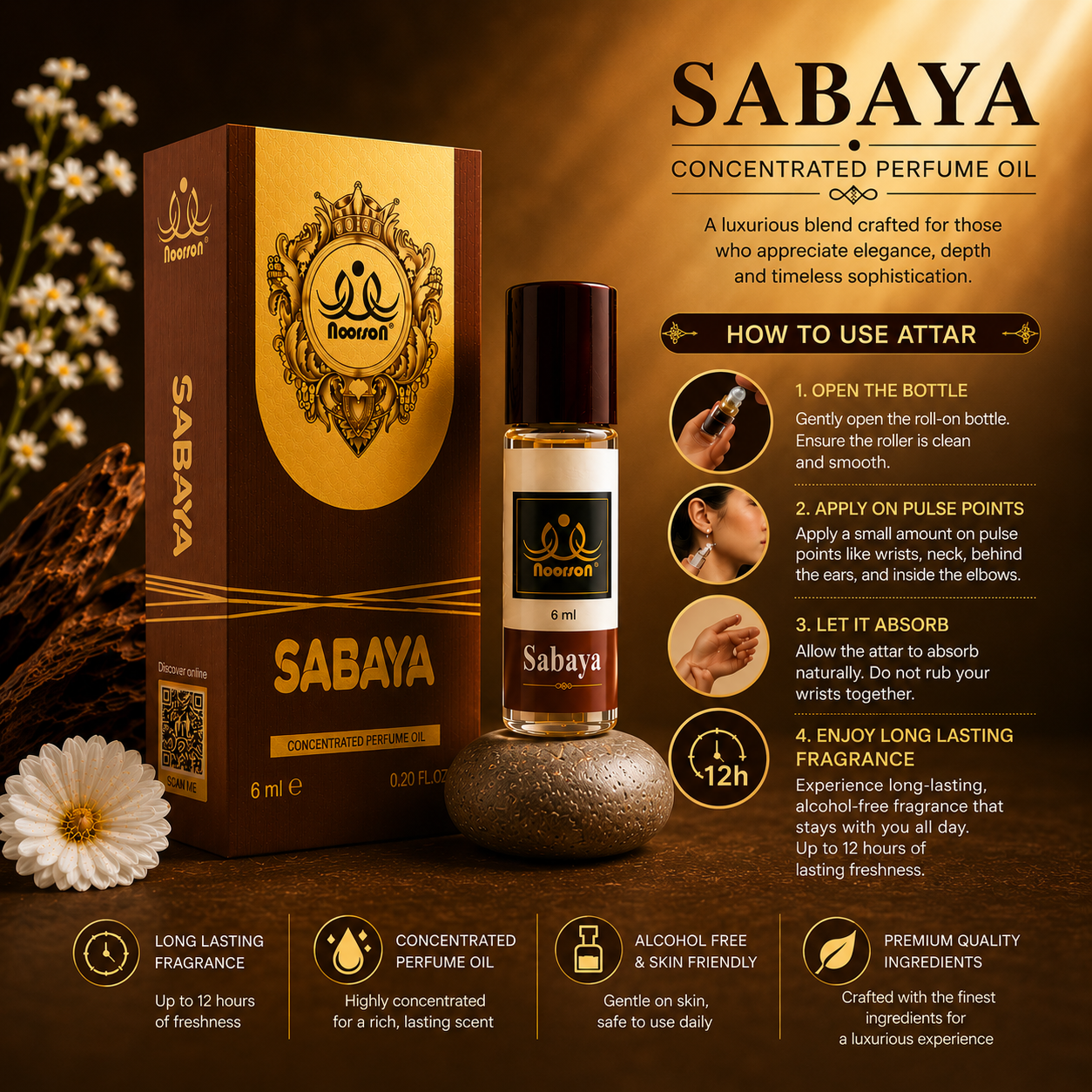Noorson Sabaya Attar 6ml Roll-On | Premium Long Lasting Alcohol-Free Perfume Oil for Women & Men | Sweet Floral Fruity Arabian Fragrance | Skin Friendly Ittar | Daily Wear, Party, Wedding, Gift | Travel Size Luxury Concentrated Perfume