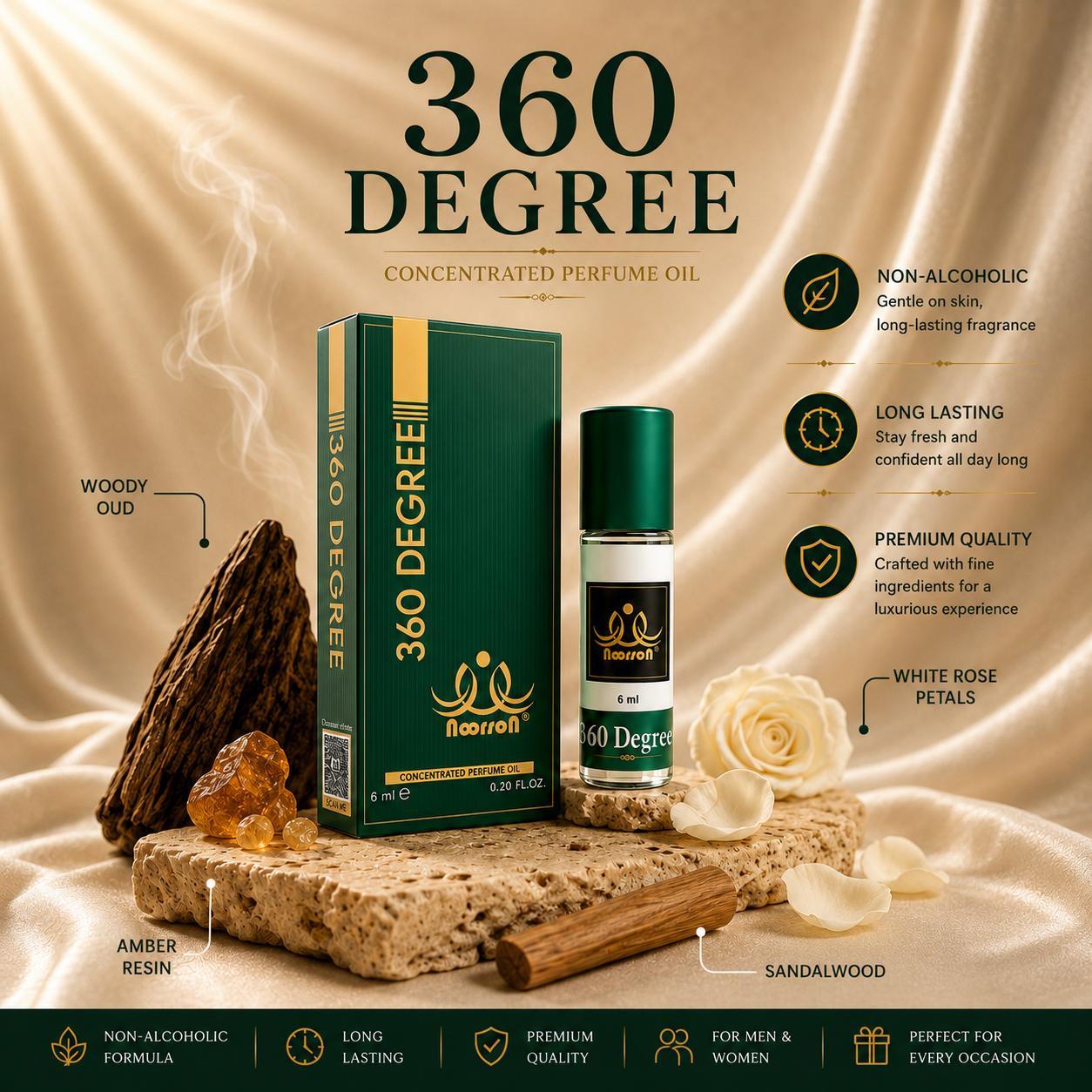 Noorson 360 Degree Attar 6ml | Long Lasting Premium Alcohol-Free Perfume Oil for Men & Women | Roll-On Ittar Fragrance | Rich, Exotic & Concentrated Aroma | Travel Friendly Pocket Perfume