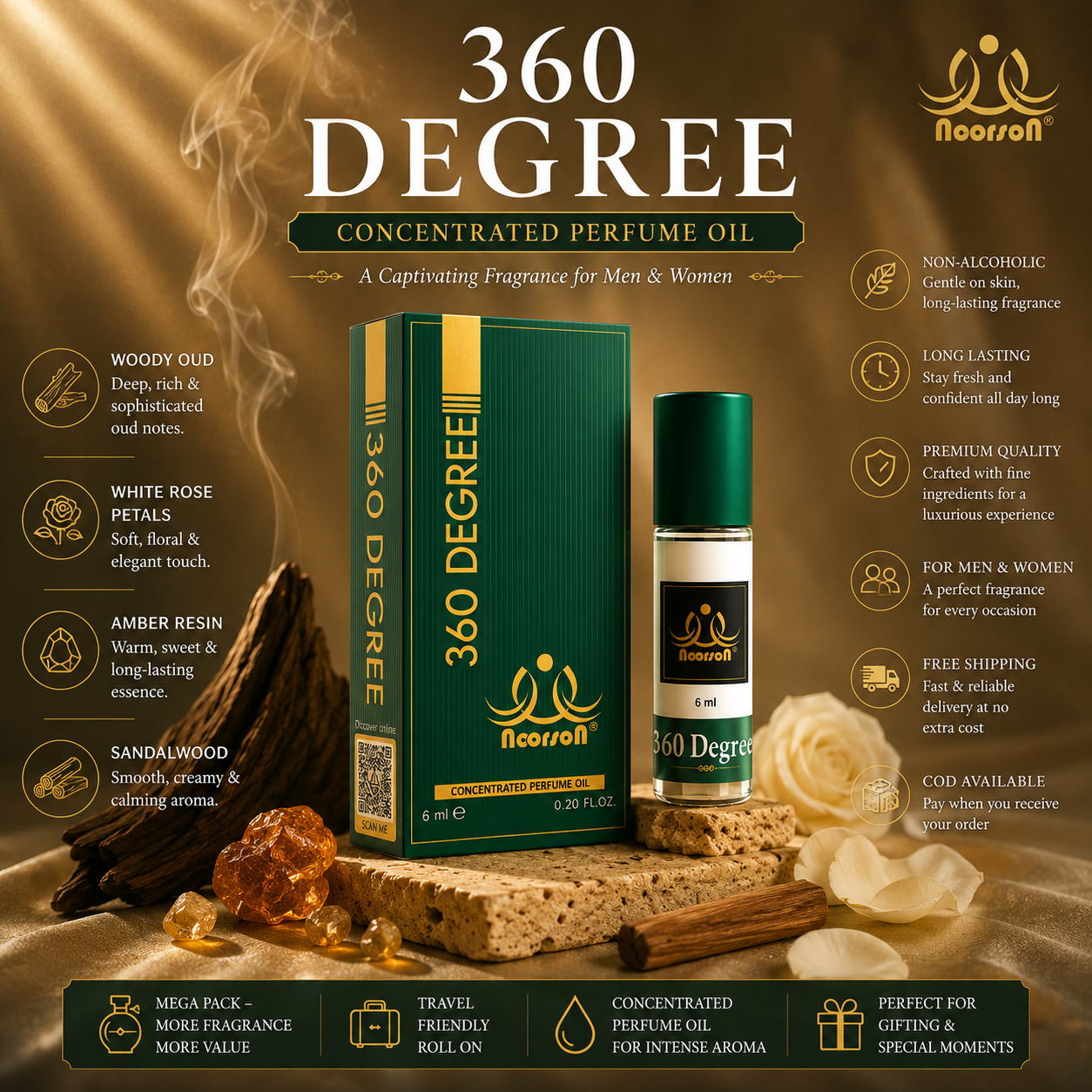 Noorson Bright Musk Attar 6ml | Long Lasting Alcohol-Free Perfume Oil | Premium White Musk Fragrance for Men & Women | Roll-On Ittar | Natural & Concentrated Aroma | Unisex Luxury Attar | Natural & Skin Friendly | Travel Size Roll-On