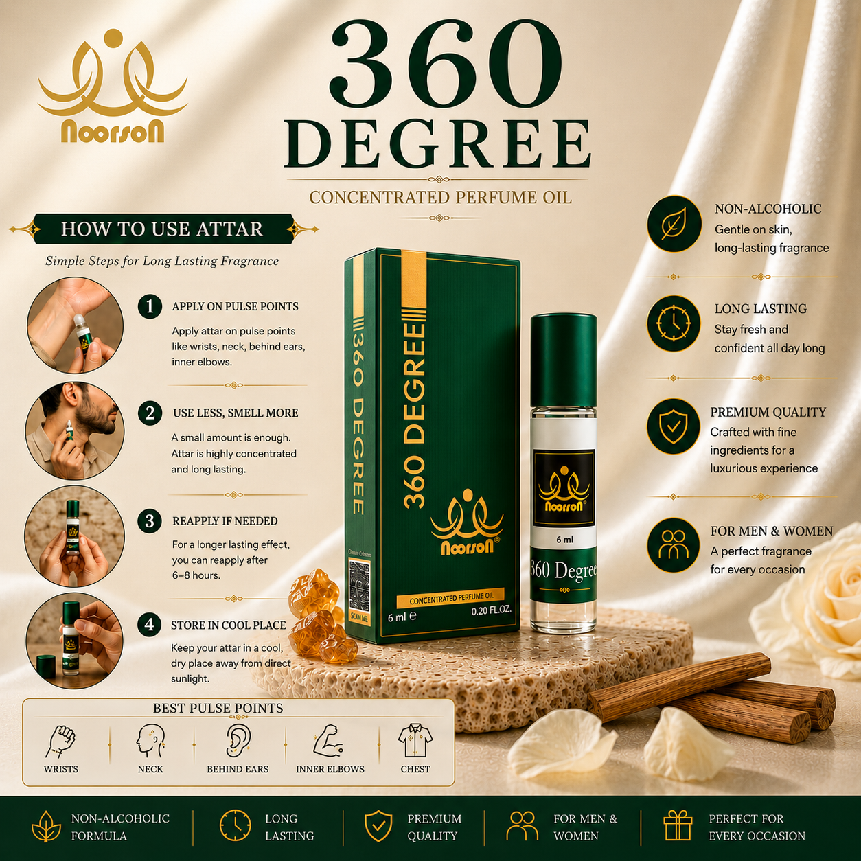 Noorson 360 Degree Attar 6ml | Long Lasting Premium Alcohol-Free Perfume Oil for Men & Women | Roll-On Ittar Fragrance | Rich, Exotic & Concentrated Aroma | Travel Friendly Pocket Perfume