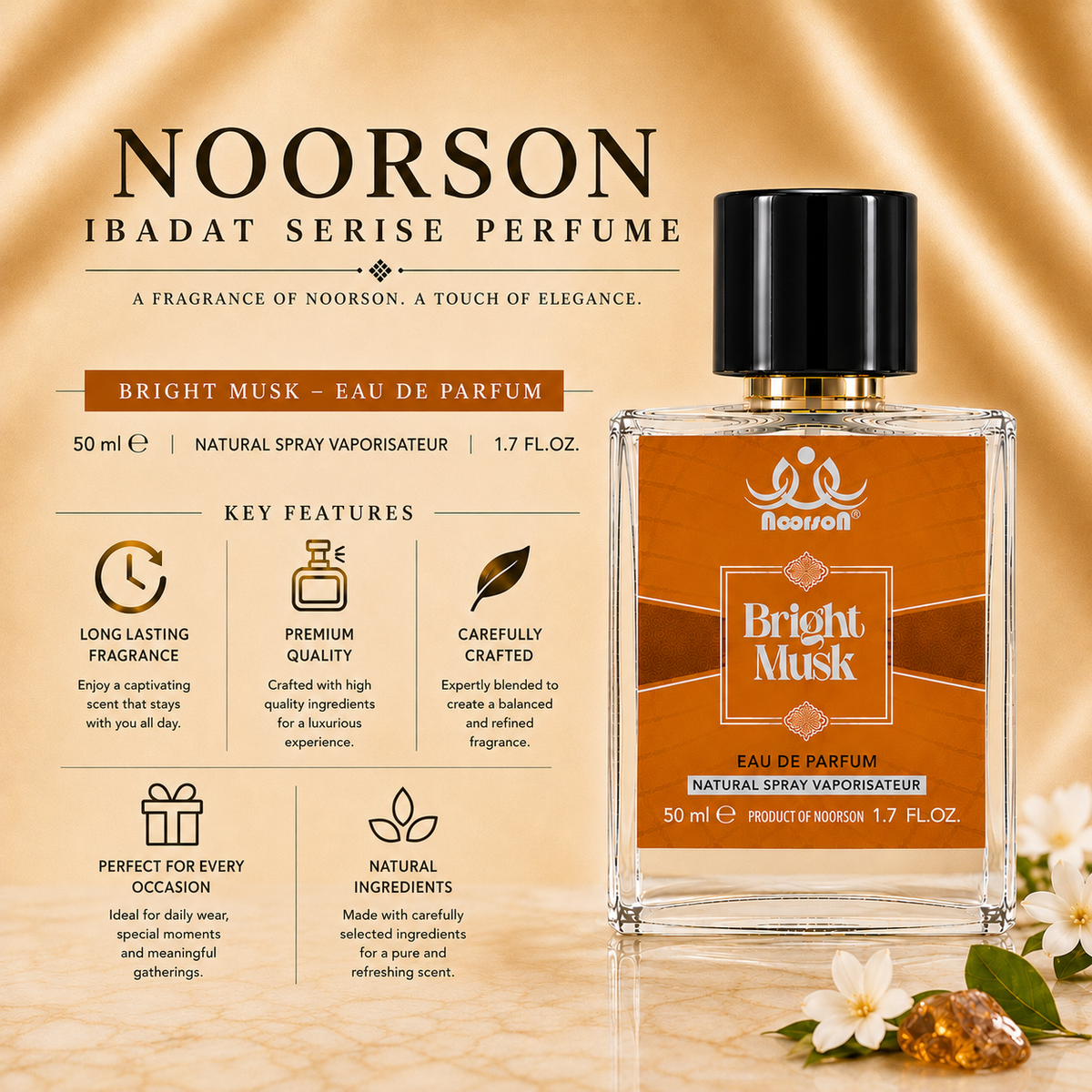 Noorson Bright Musk Ibadat Series Natural Spray Vaporisateur  Eau de Parefum 50ml for Men and Women