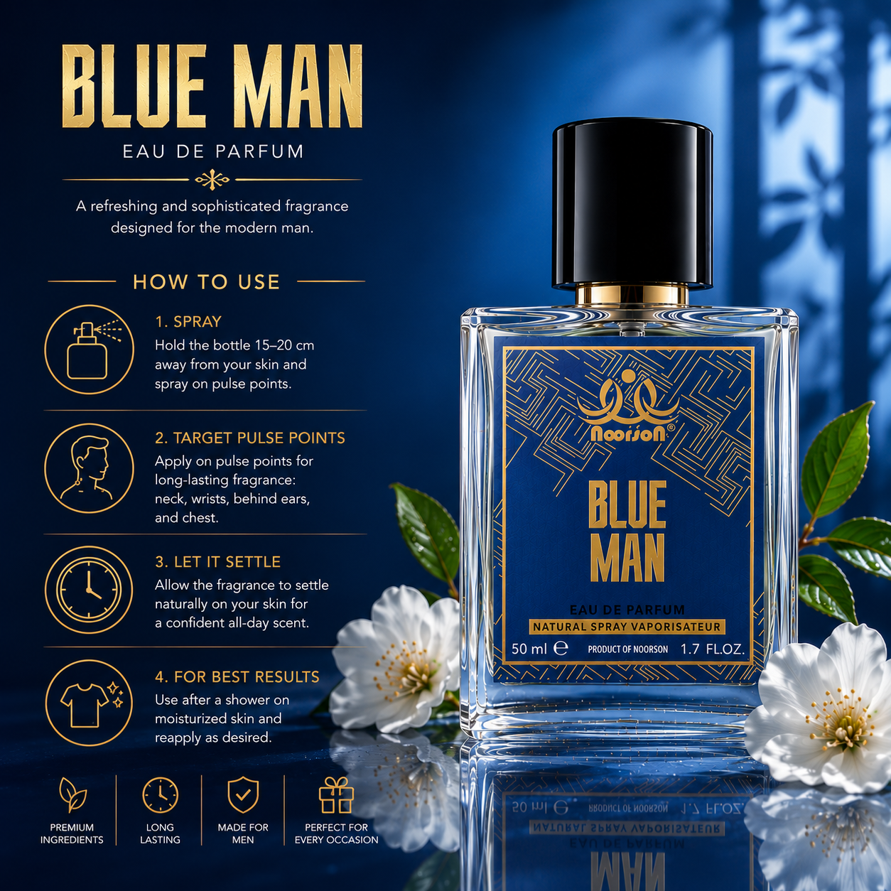 Noorson Blue Man Ibadat Series Natural Spray Vaporisateur  Eau de Parefum 50ml for Men and Women
