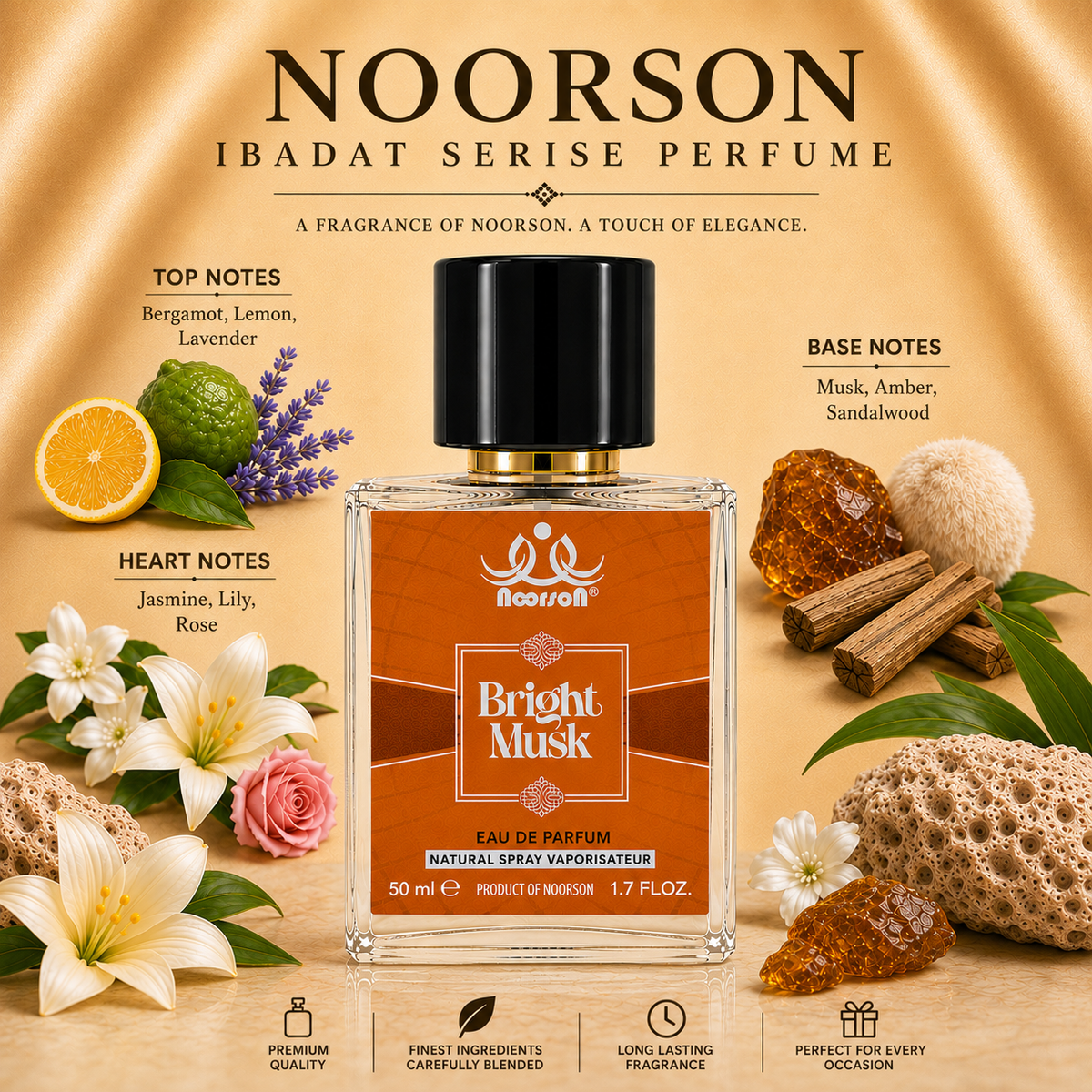 Noorson Bright Musk Ibadat Series Natural Spray Vaporisateur  Eau de Parefum 50ml for Men and Women