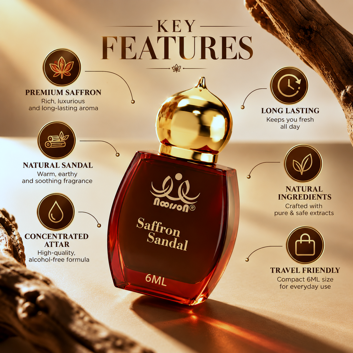 Saffron Sandal (Kesar Chandan) Non-Alcoholic Premium Quality Attar Perfume 6ml