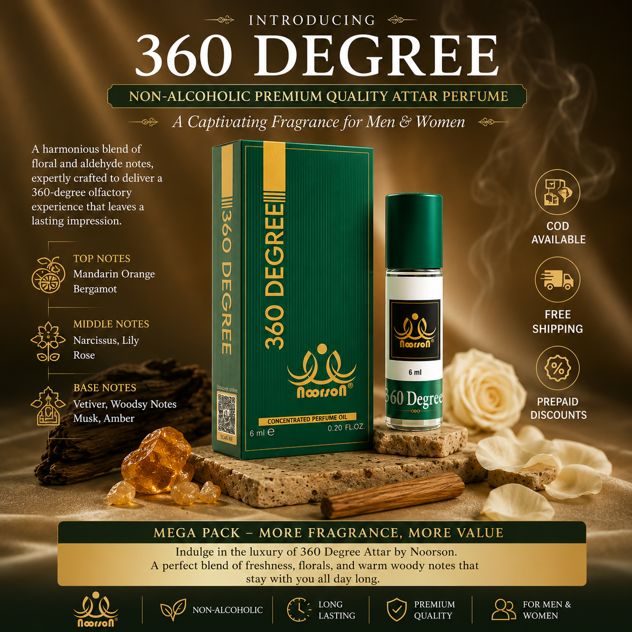 Noorson Bright Musk Attar 6ml | Long Lasting Alcohol-Free Perfume Oil | Premium White Musk Fragrance for Men & Women | Roll-On Ittar | Natural & Concentrated Aroma | Unisex Luxury Attar | Natural & Skin Friendly | Travel Size Roll-On