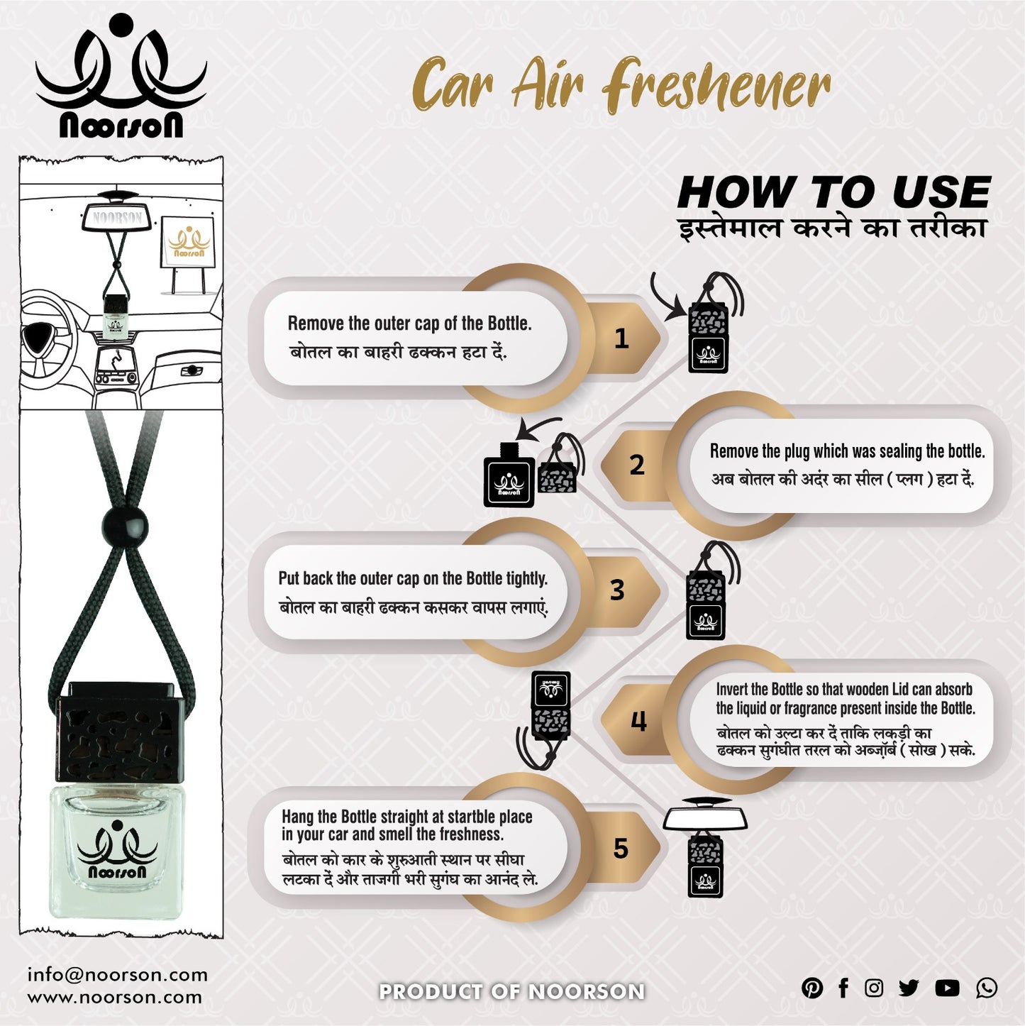 Noorson Orange Car Air Freshener Hanging with 100% Natural Essential Oils