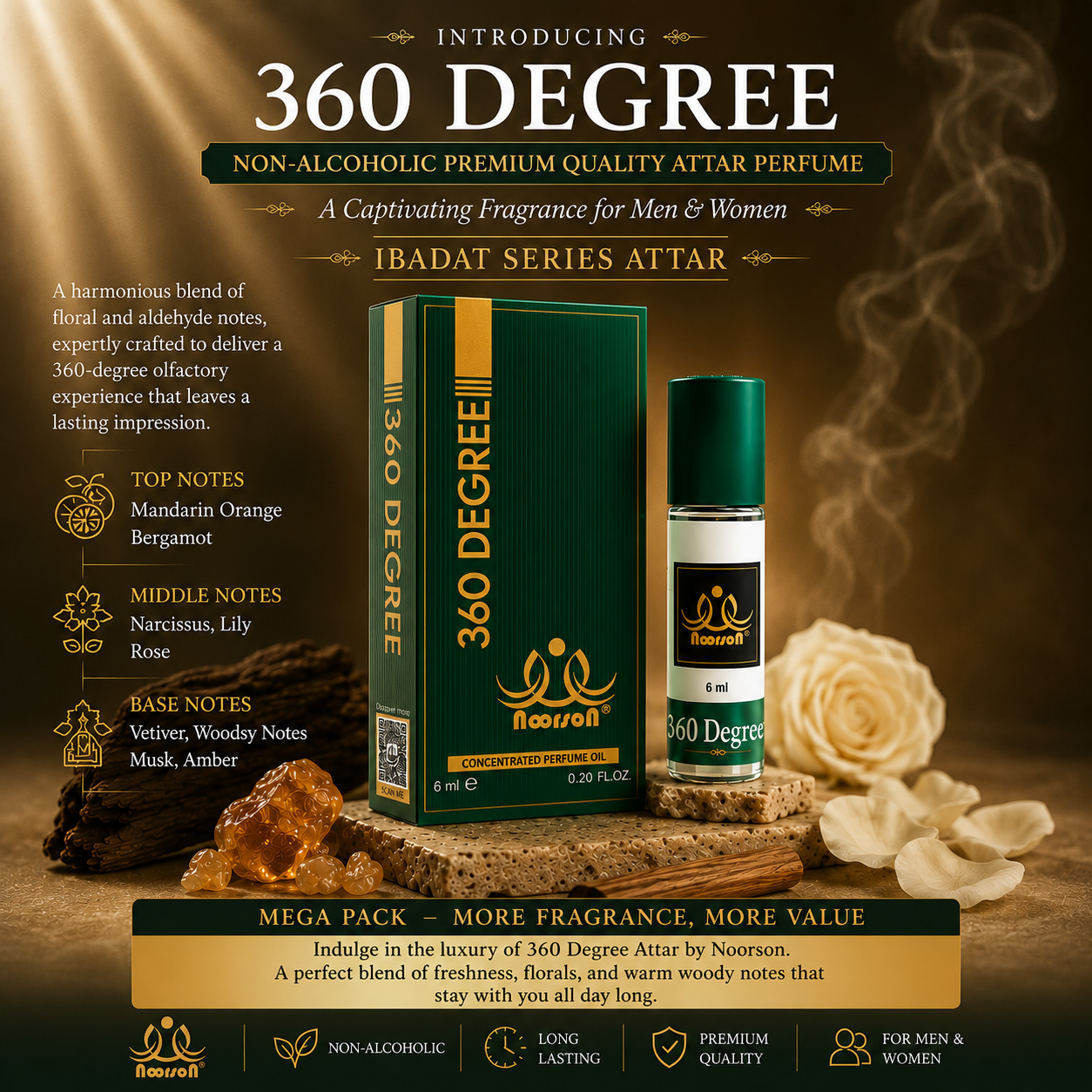 Noorson 360 Degree Attar 6ml | Long Lasting Premium Alcohol-Free Perfume Oil for Men & Women | Roll-On Ittar Fragrance | Rich, Exotic & Concentrated Aroma | Travel Friendly Pocket Perfume