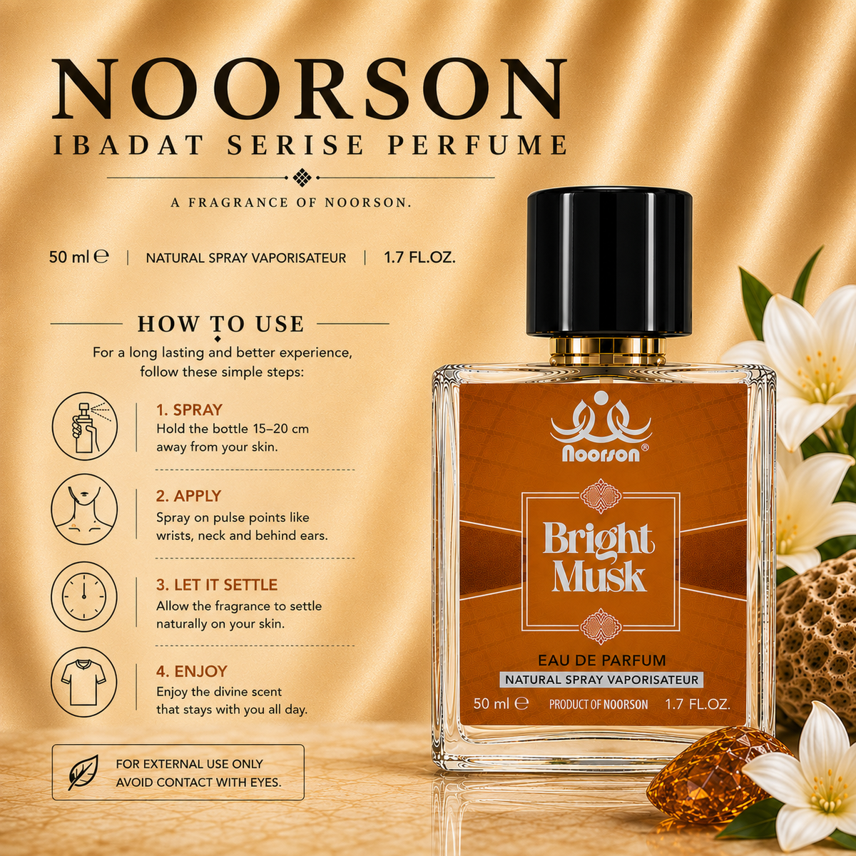 Noorson Bright Musk Ibadat Series Natural Spray Vaporisateur  Eau de Parefum 50ml for Men and Women
