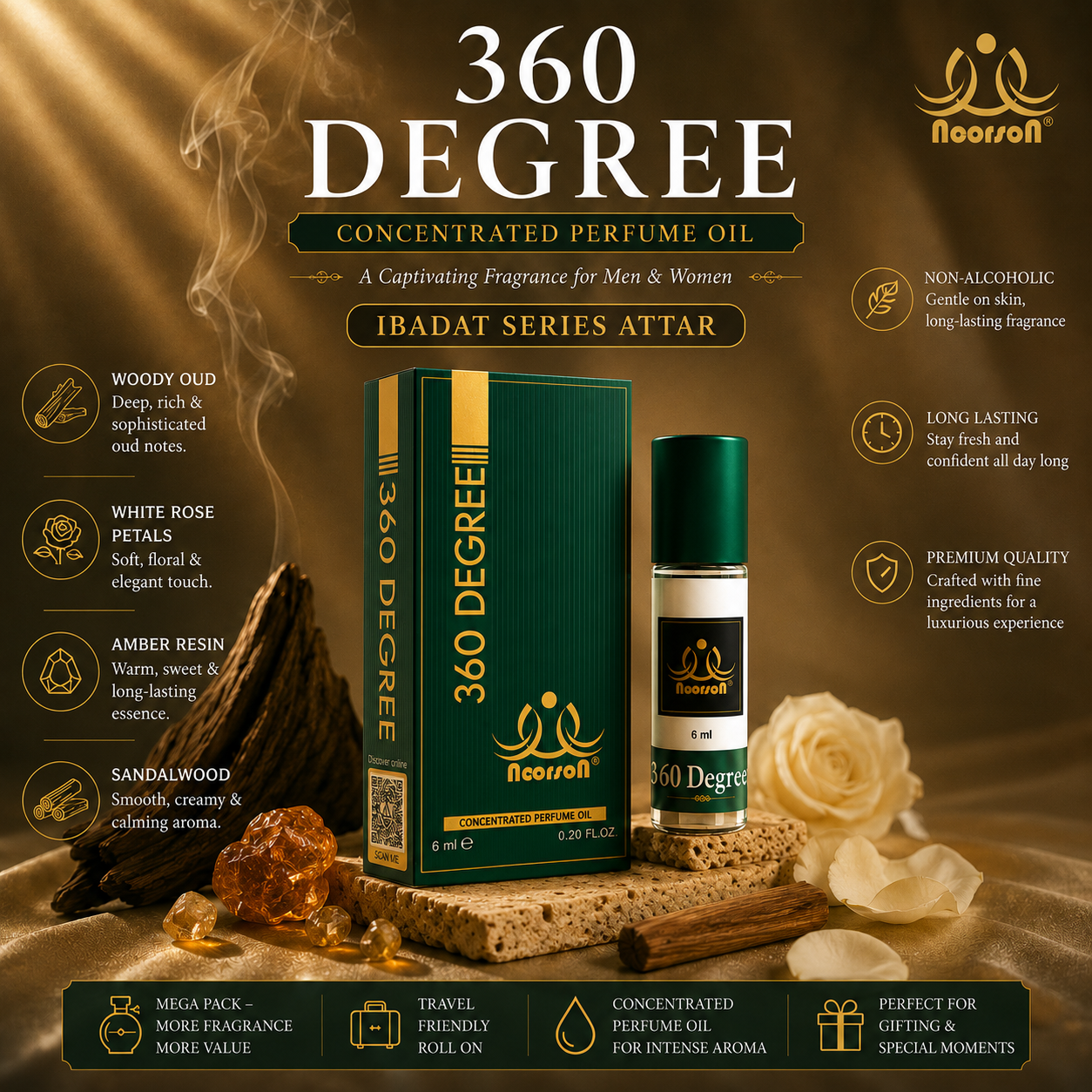 Noorson 360 Degree Attar 6ml | Long Lasting Premium Alcohol-Free Perfume Oil for Men & Women | Roll-On Ittar Fragrance | Rich, Exotic & Concentrated Aroma | Travel Friendly Pocket Perfume