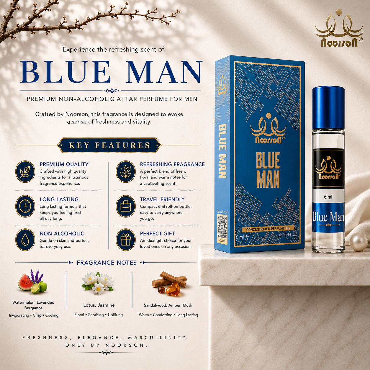 Noorson Bright Musk Attar 6ml | Long Lasting Alcohol-Free Perfume Oil | Premium White Musk Fragrance for Men & Women | Roll-On Ittar | Natural & Concentrated Aroma | Unisex Luxury Attar | Natural & Skin Friendly | Travel Size Roll-On
