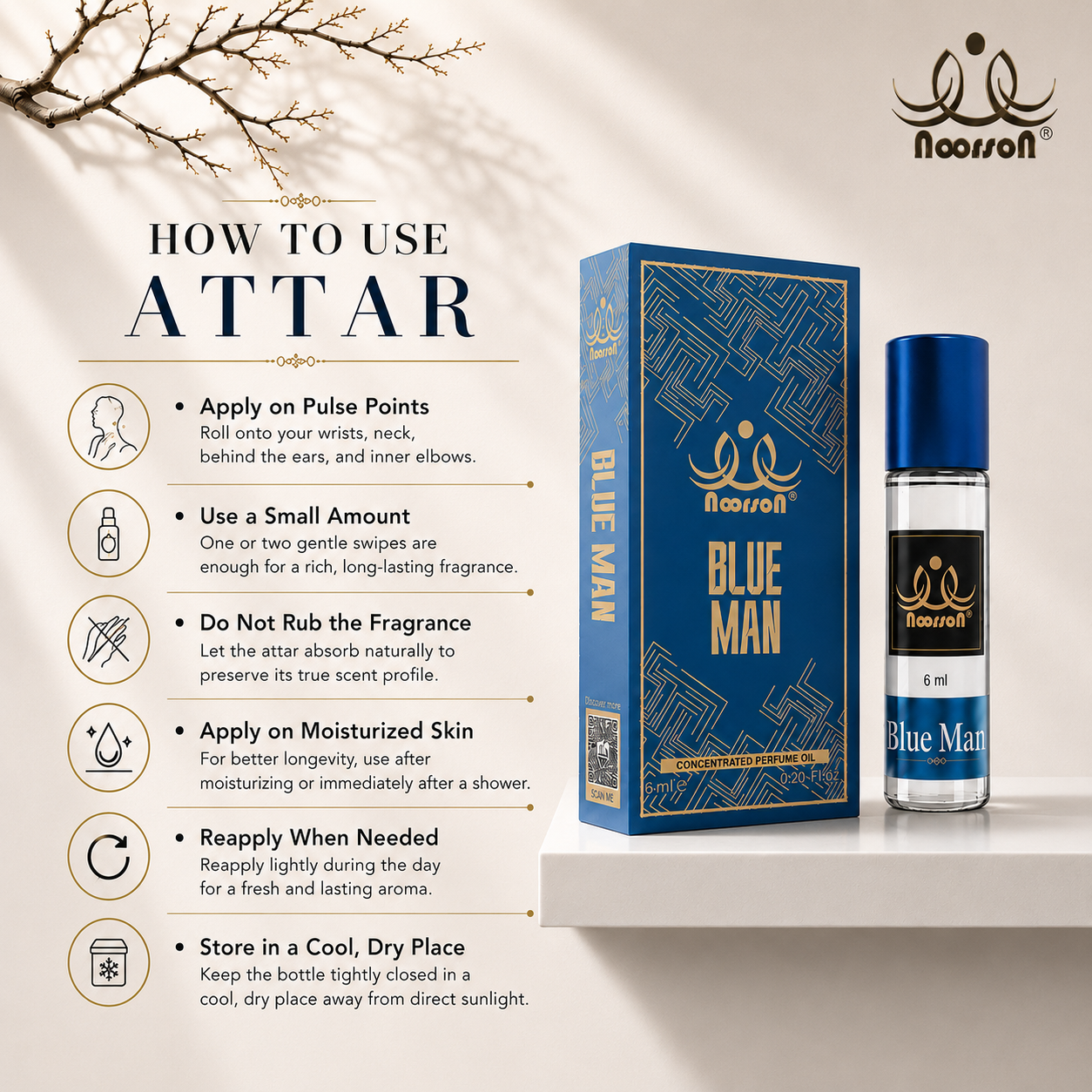 Noorson Blue Man Attar 6ml – Long Lasting Alcohol-Free Perfume Oil for Men | Premium Fresh Aqua Fragrance | Roll-On Ittar for Daily Wear, Office & Special Occasions